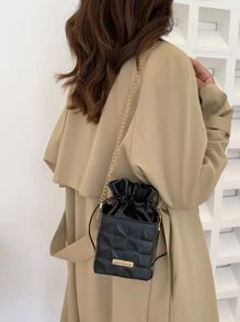 Mini Geometric Embossed Drawstring Chain Box Bag - Black - View 4