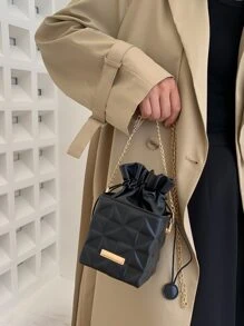 Mini Geometric Embossed Drawstring Chain Box Bag - Black - View 6