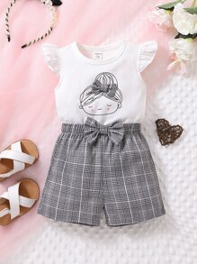 嬰兒人像圖案荷葉邊T恤和格紋前蝴蝶結短褲 - 黑與白 - 查看 1