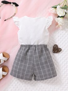 嬰兒人像圖案荷葉邊T恤和格紋前蝴蝶結短褲 - 黑與白 - 查看 2