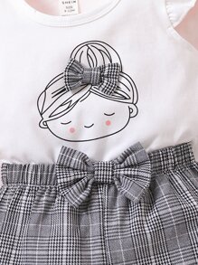 嬰兒人像圖案荷葉邊T恤和格紋前蝴蝶結短褲 - 黑與白 - 查看 5