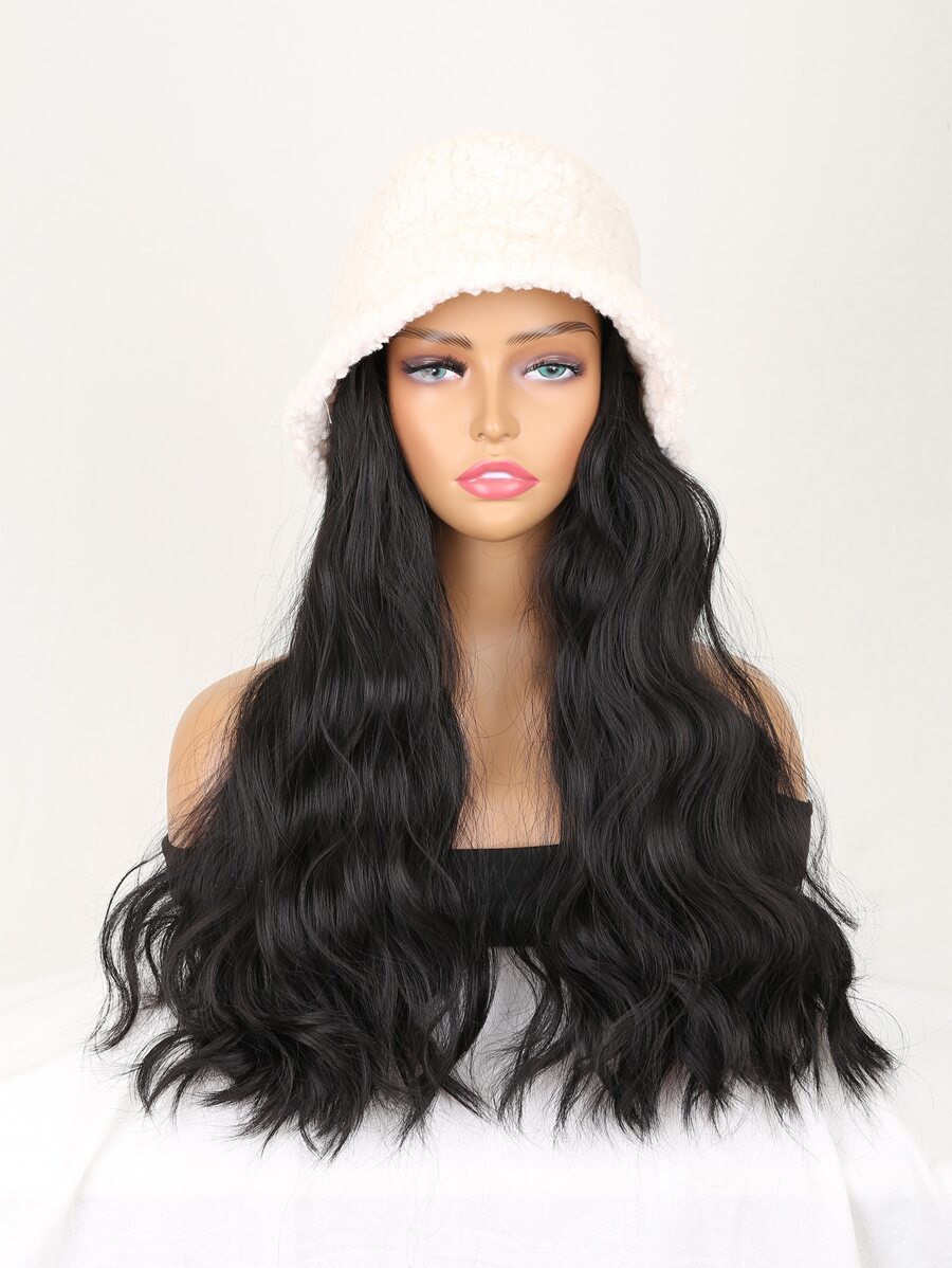 Long Curly Synthetic Wig With Hat - Black - View 1