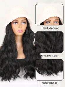 Long Curly Synthetic Wig With Hat - Black - View 7