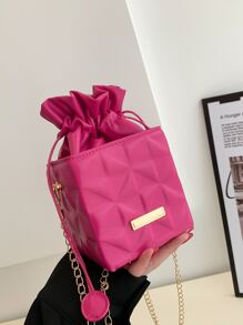 Bolso caja mini rosa neón en relieve geométrico con cordón con cadena - Rosa Fucsia - Ver 2