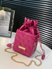 Bolso caja mini rosa neón en relieve geométrico con cordón con cadena - Rosa Fucsia - Ver 7
