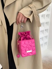Bolso caja mini rosa neón en relieve geométrico con cordón con cadena - Rosa Fucsia - Ver 8
