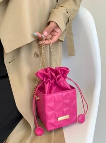 Bolso caja mini rosa neón en relieve geométrico con cordón con cadena - Rosa Fucsia - Ver 9
