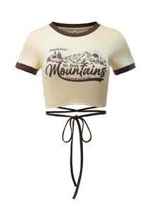 SHEIN EZwear Mountain And Slogan Graphic Contrast Binding Crop Tee - Apricot - View 1