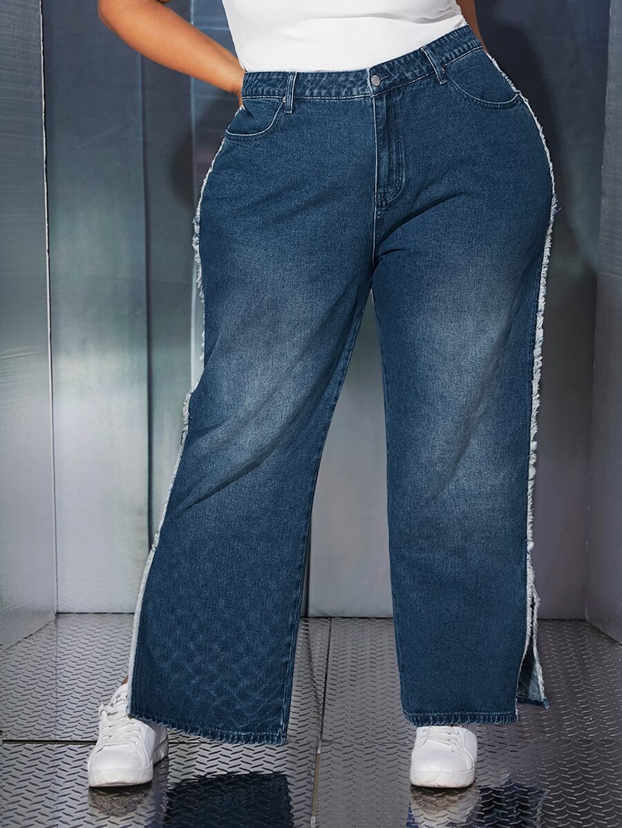 SHEIN CURVE+ Plus Contrast Side Seam Raw Trim Split Hem Wide Leg Jeans - Dark Wash - View 1