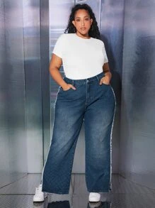 SHEIN CURVE+ Plus Contrast Side Seam Raw Trim Split Hem Wide Leg Jeans - Dark Wash - View 6