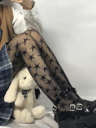 1pc Women's Halloween Lace Floral Pentagram Fishnet Stockings, Sexy Dark Style