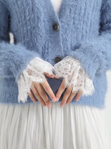 Floral Embroidered Raw Trim Fake Cuffs - White - View 2