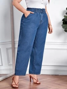 Plus Paperbag Waist Slant Pocket Jeans - Medium Wash - View 5