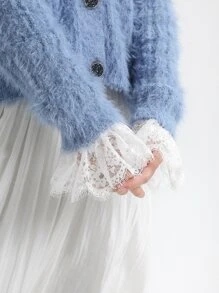 Floral Embroidered Raw Trim Fake Cuffs - White - View 3