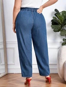 Plus Paperbag Waist Slant Pocket Jeans - Medium Wash - View 2