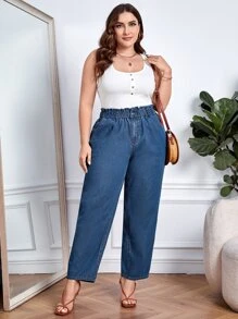 Plus Paperbag Waist Slant Pocket Jeans - Medium Wash - View 3