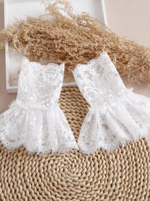 Floral Embroidered Raw Trim Fake Cuffs - White - View 6