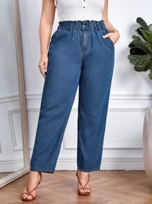 Plus Paperbag Waist Slant Pocket Jeans - Medium Wash - View 1