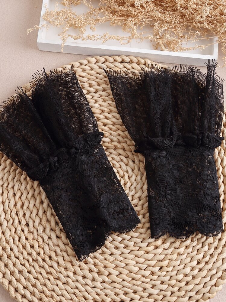 Floral Embroidered Raw Trim Fake Cuffs - Black - View 5