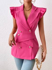 SHEIN Privé Ruffle Trim Double Breasted Ruched Detail Blazer - Hot Pink - View 1