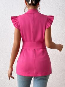 SHEIN Privé Ruffle Trim Double Breasted Ruched Detail Blazer - Hot Pink - View 2