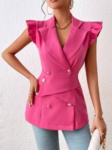 SHEIN Privé Ruffle Trim Double Breasted Ruched Detail Blazer - Hot Pink - View 4