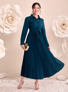 Modelyn 翻蓋細節百褶下擺腰帶襯衫洋裝