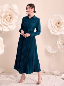 Modelyn 翻蓋細節百褶下擺腰帶襯衫洋裝