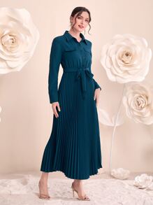 Modelyn 翻蓋細節百褶下擺腰帶襯衫洋裝