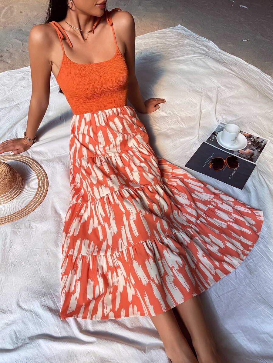 SHEIN VCAY 圖案印花荷葉邊吊帶連衣裙 - 橘色 - 查看 1