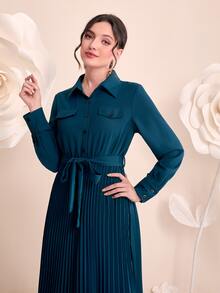 Modelyn 翻蓋細節百褶下擺腰帶襯衫洋裝