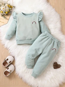 寶寶女孩彩虹刺繡荷葉邊運動衫和運動裤 - 薄荷綠 - 查看 1