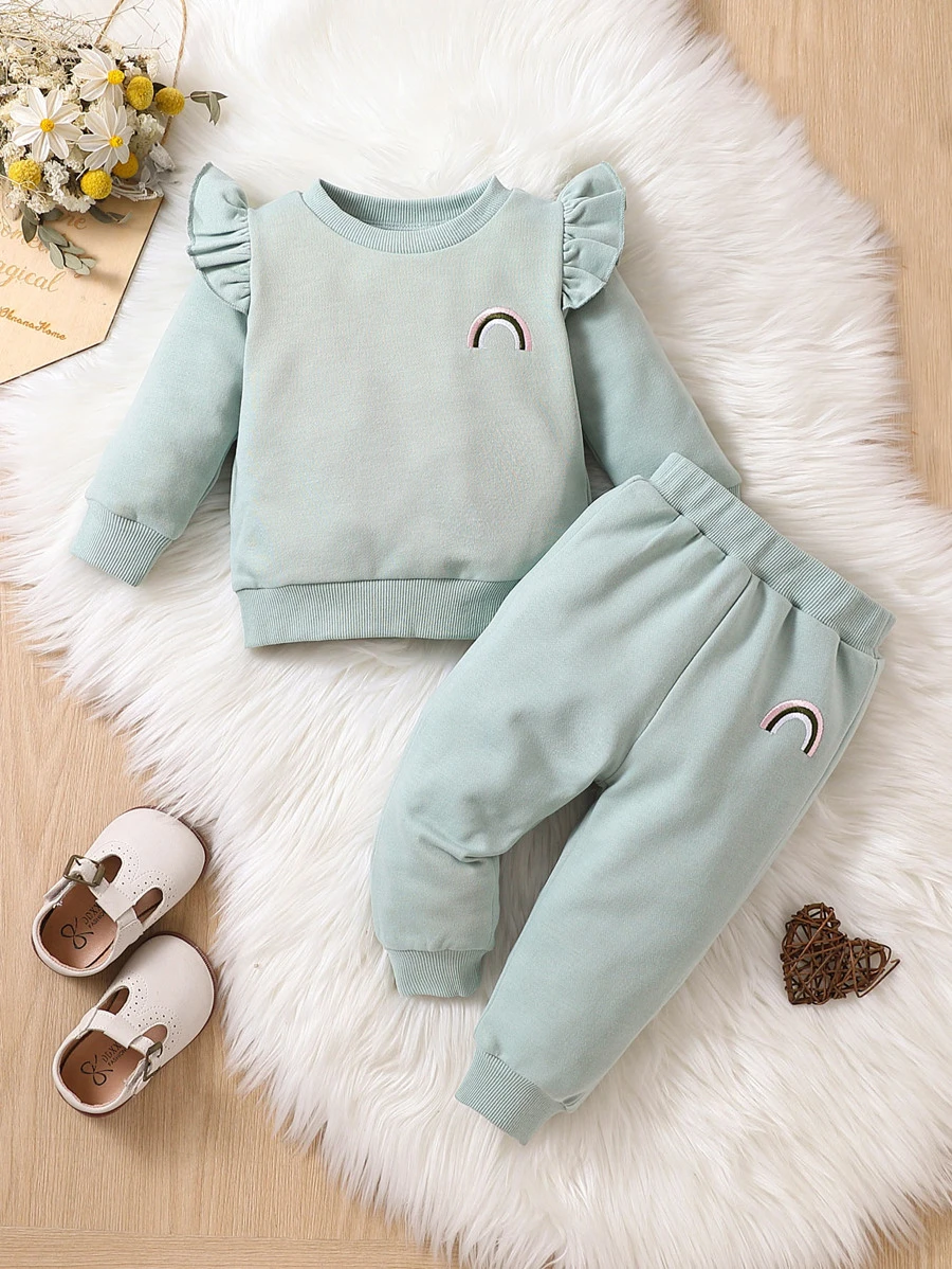 寶寶女孩彩虹刺繡荷葉邊運動衫和運動裤 - 薄荷綠 - 查看 1