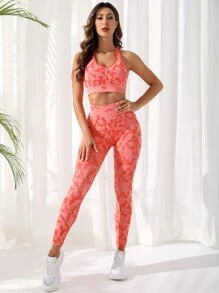 Camo Print Racer Back Wide Waistband Sports Set - Burnt Orange - View 5