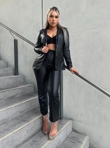 SHEIN SXY 秋冬翻领 PU 西装外套和裤子 - 黑色 - 查看 1