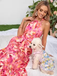 SHEIN VCAY Floral Print Ruffle Hem Belted Halter Dress - Multicolor - View 3