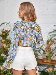 SHEIN VCAY 1pc Floral Print Ruffle Trim Flounce Sleeve Knot Front Crop Blouse - Multicolor - View 3