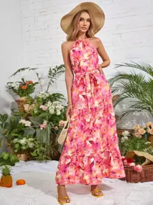 SHEIN VCAY Floral Print Ruffle Hem Belted Halter Dress - Multicolor - View 5