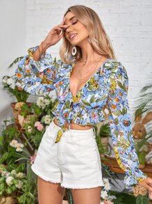 SHEIN VCAY 1pc Floral Print Ruffle Trim Flounce Sleeve Knot Front Crop Blouse - Multicolor - View 6