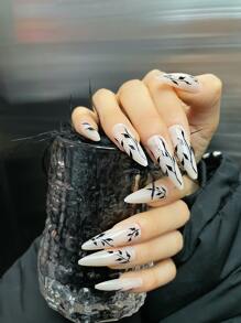 24pcs Long Stiletto Plant Pattern Fake Nail & 1pc Nail File & 1sheet Tape - Multicolor - View 1