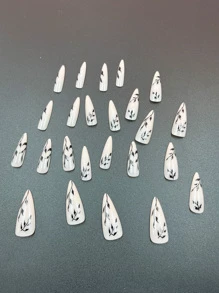 24pcs Long Stiletto Plant Pattern Fake Nail & 1pc Nail File & 1sheet Tape - Multicolor - View 4