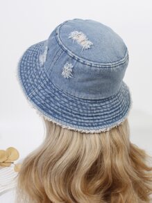 Ripped Raw Trim Bucket Hat - Blue - View 2