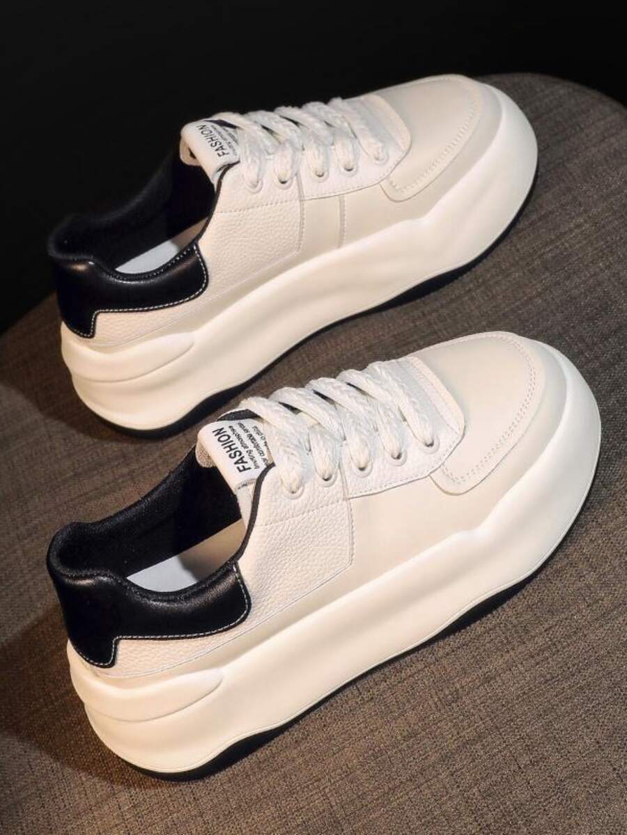 Two Tone Stitch Detail Lace-up Front Wedge Skate Shoes - White - View 1