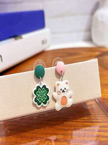Clover & Cartoon Bear Mismatched Drop Earrings - Multicolor - View 1