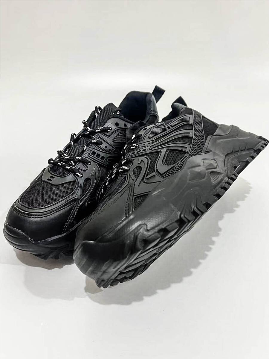 Lace-up Front Wedge Chunky Sneakers - Black - View 1