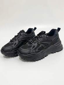 Lace-up Front Wedge Chunky Sneakers - Black - View 2