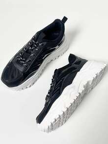 Lace-up Front Wedge Chunky Sneakers - Black - View 1