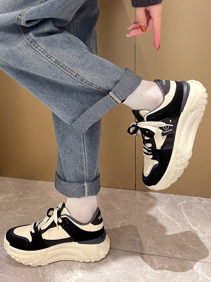 Colorblock Lace-up Front Wedge Sneakers - Black - View 1