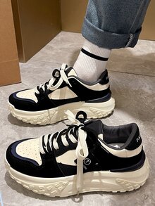 Colorblock Lace-up Front Wedge Sneakers - Black - View 2