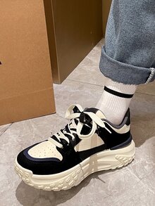 Colorblock Lace-up Front Wedge Sneakers - Black - View 3